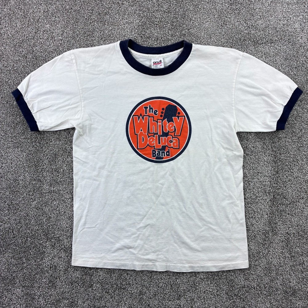 Vintage Whitey DeLuca Band Shirt Mens Medium White Blue Ringer USA Made